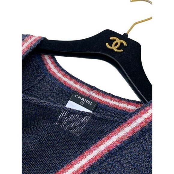 Authentic CHANEL Knit Short Sleeve Dress Navy Purple Knit Coco 40 - Picture 5 of 7